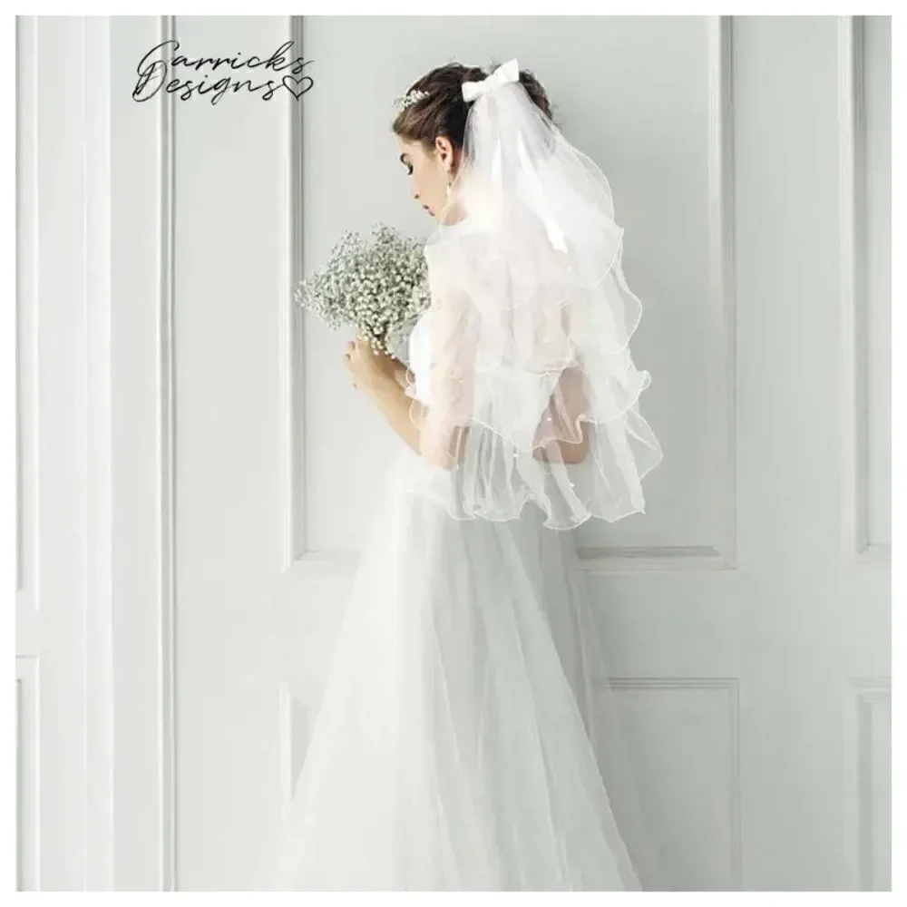 5 Layer Pearl Accents Elbow Bridal Wedding Veil With Satin Bow Comb White Veil